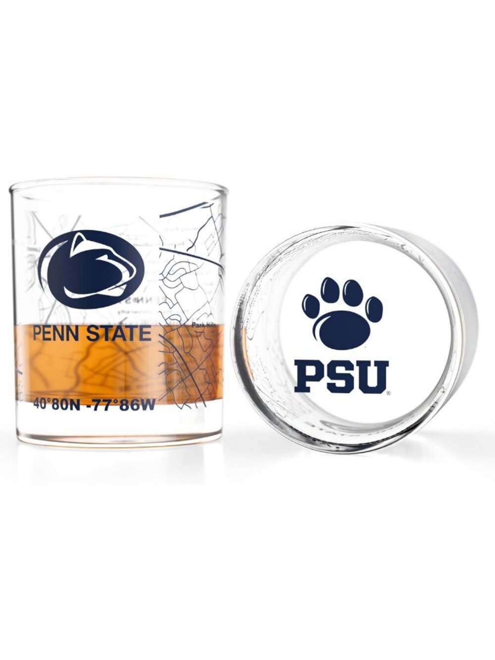Set of 2 Penn State Whiskey Glasses - 10 oz Rocks Glasses with Logo & Campus Map